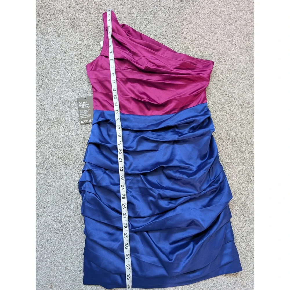 NWT Express One Shoulder Dress Women 10 Magenta Blue Ruched Color Block Mini